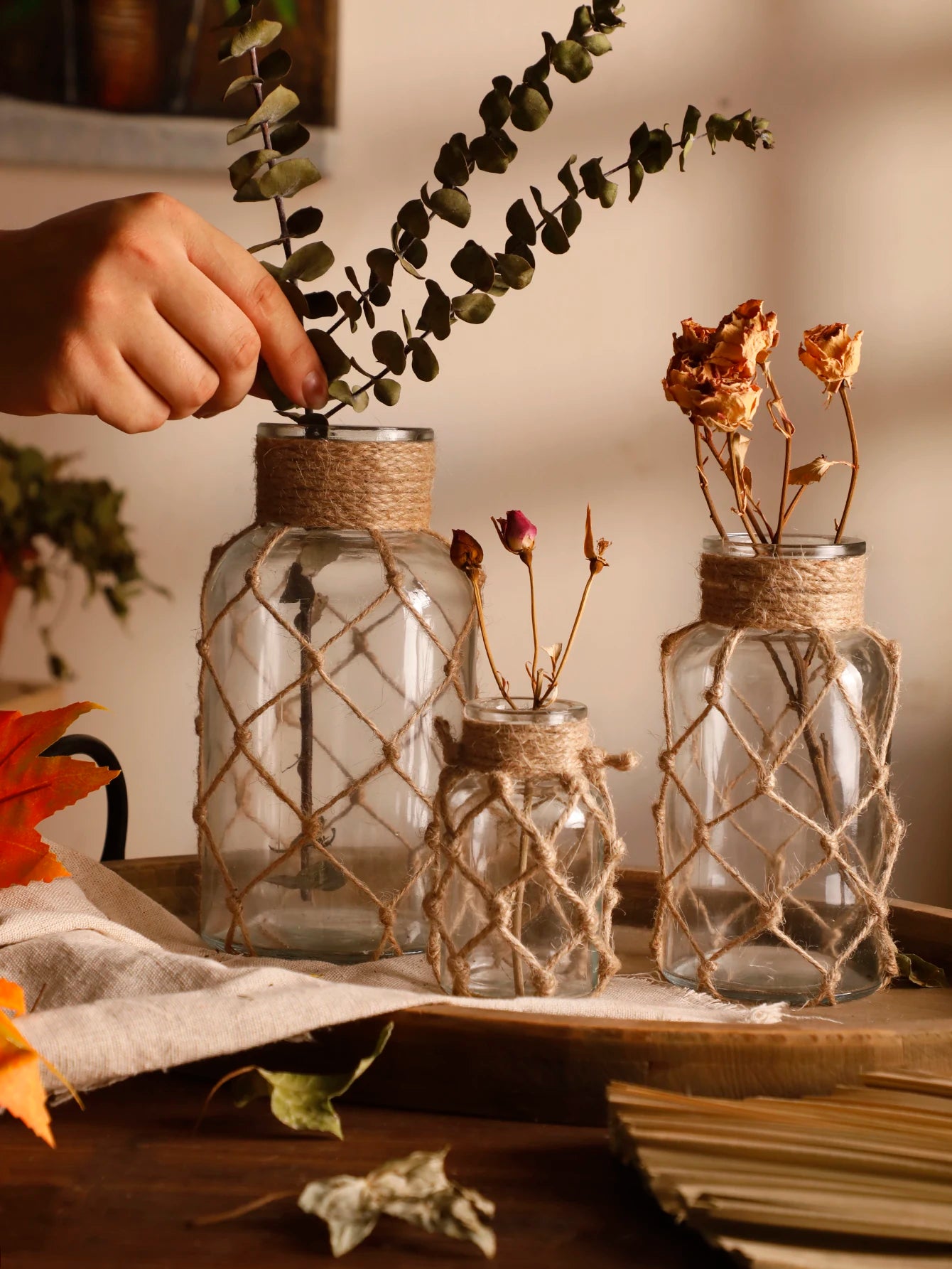 Glass Vase with Woven Hemp Rope