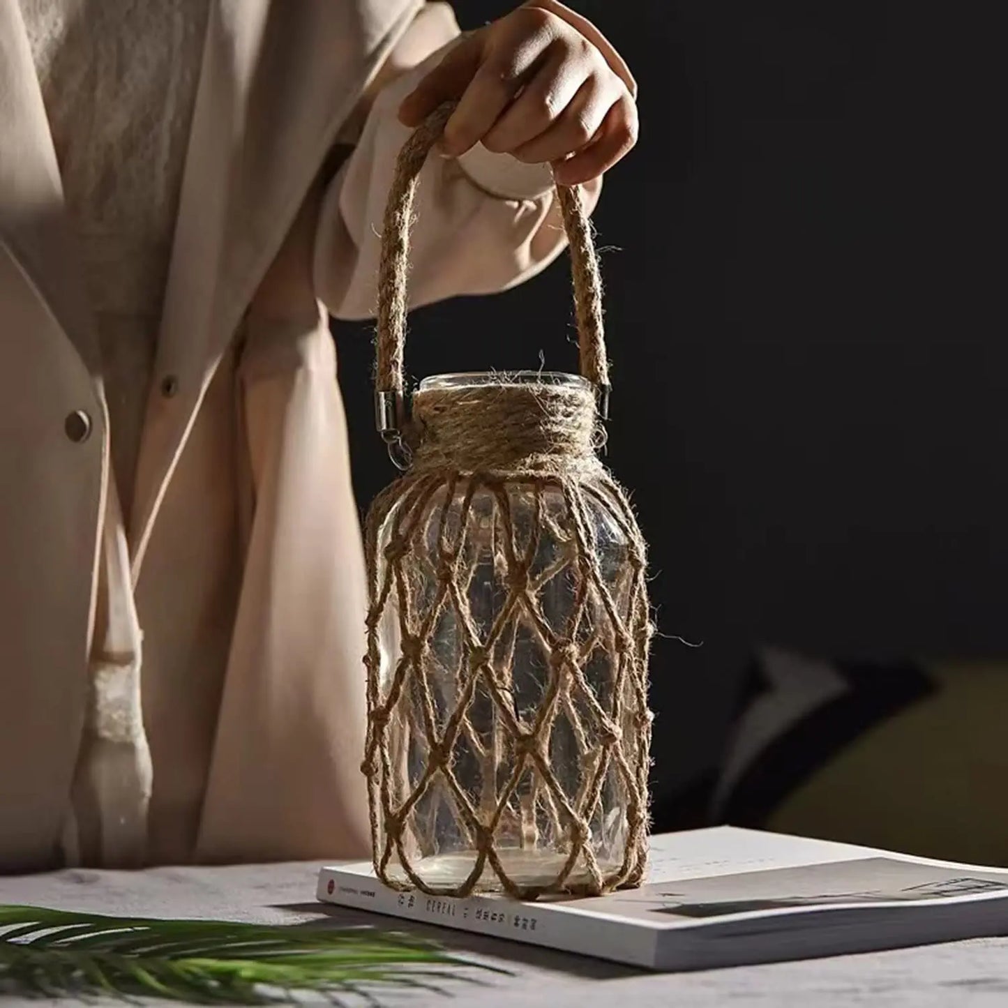 Glass Vase with Woven Hemp Rope