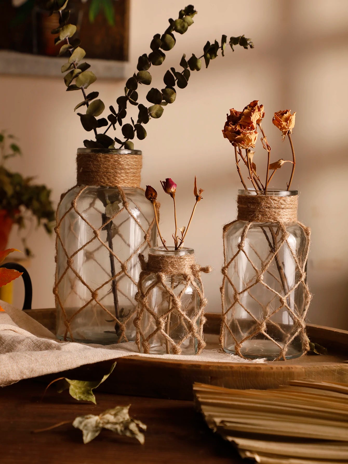 Glass Vase with Woven Hemp Rope